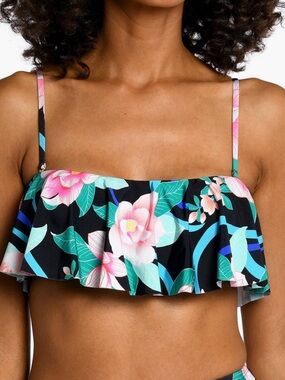 La Blanca Swim Bikini Top Nightfall Blooms Bandeau Ruffle Floral Size 8 NWT